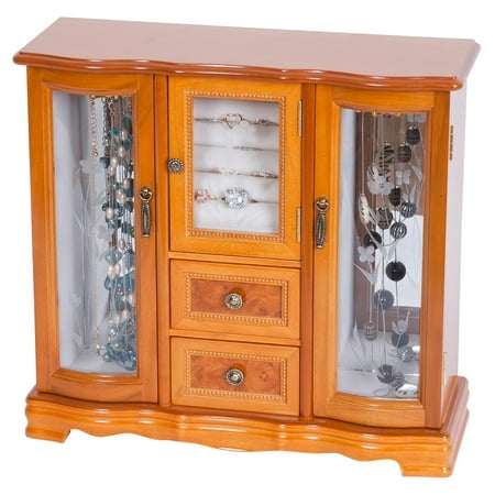 Mele Designs Lyra Glass Door Jewelry Box, Burlwood Oak Finish