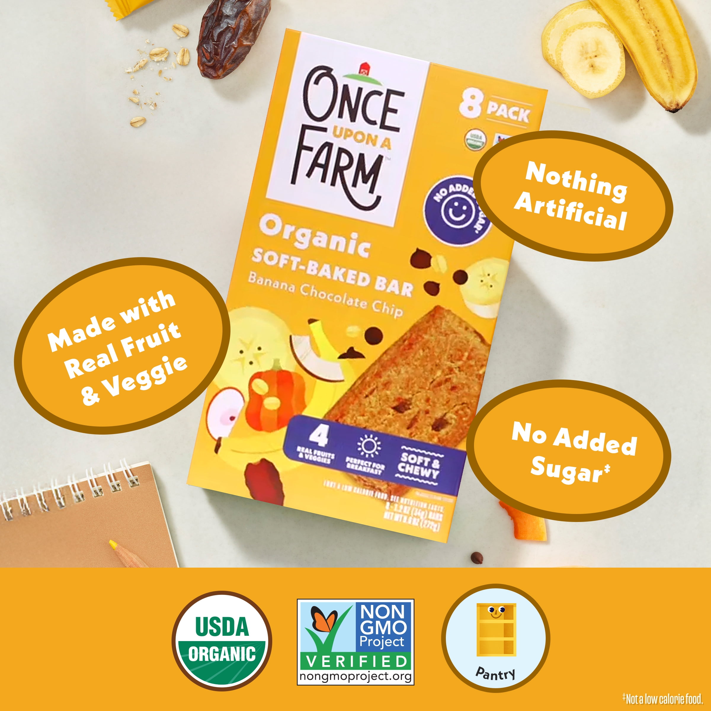 Once Upon a Farm Organic Soft Baked Kids' Snack Bars, Banana Chocolate Chip, 8ct