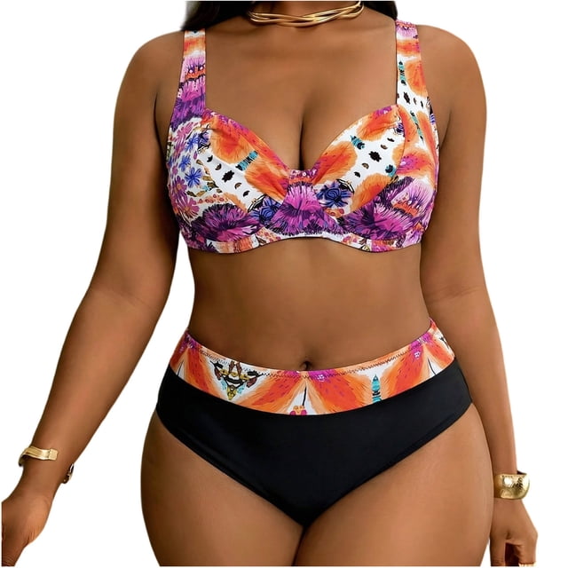 Wo-Fusoul Swimsuit for Women Plus Size Printed Suspender Side Strap Two Piece Set in Purple