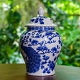 thumbnail image 5 of Ancient Chinese Style Blue and White Porcelain Peacock Pattern Helmet-shaped Temple Jar. Peacock Pattern Medium-Large, 5 of 7