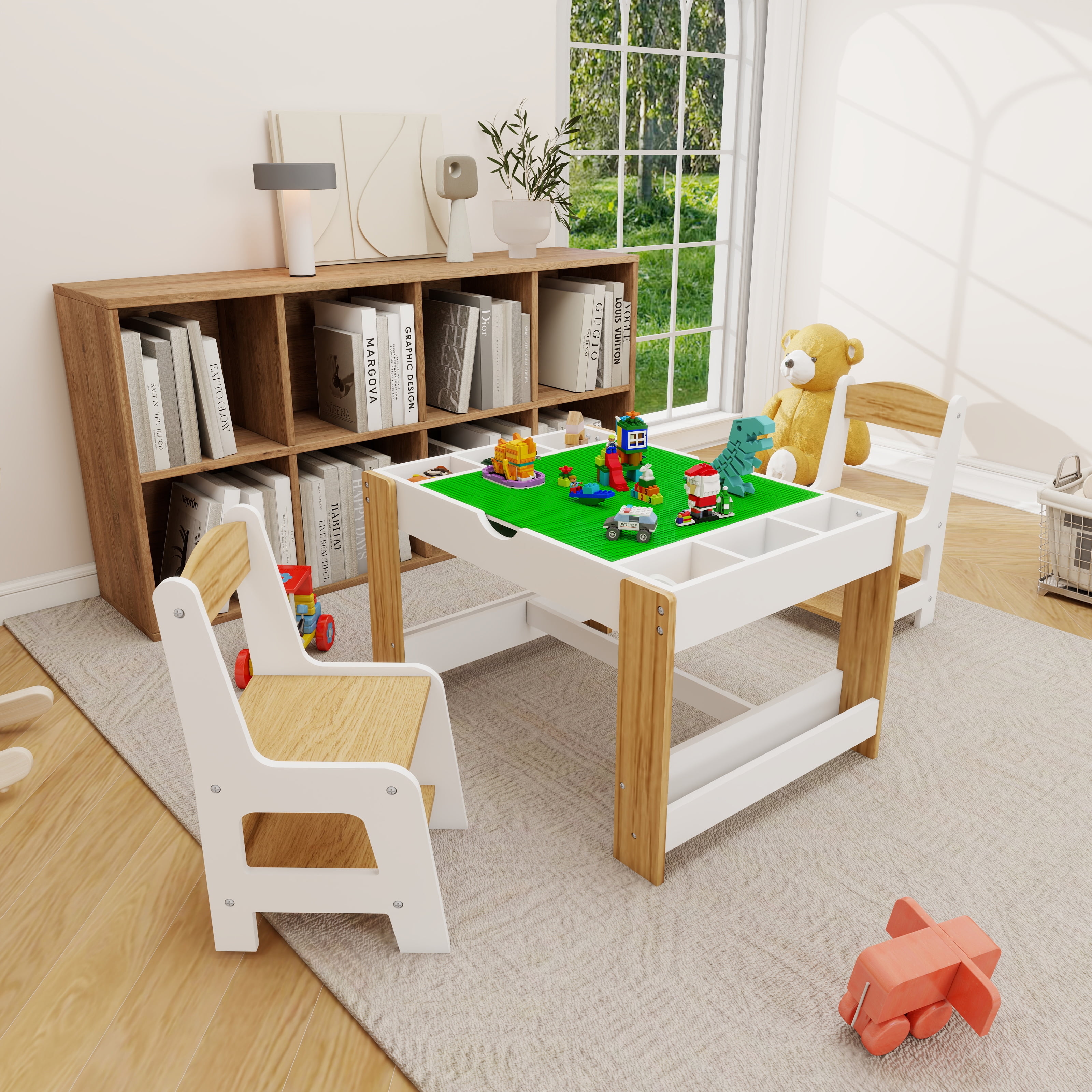 CoSoTower Kids 2 in 1 Play Table & 2 Chairs Set, with 7 Storage Compartments,Compatible with Lego Building Block,Modern Activity Learning Table Game Furniture-White