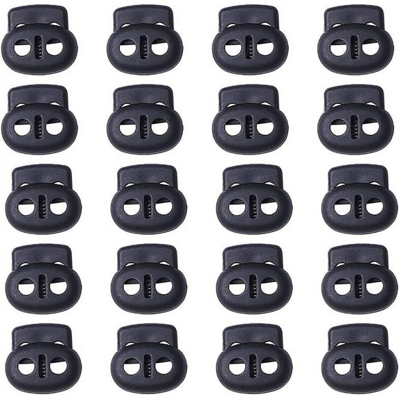 20 Pieces Black Plastic Cord Lock Ellipse Shape for Shoelaces, Double Hole Elastic Cord Adjuster for Drawstrings, Paracords, Laces, Clothing, Bags, etc.