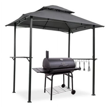 Outdoor Grill Gazebo 8 x 5 Ft, Shelter Tent, Double Tier Soft Top Canopy and Steel Frame with hook and Bar Counters, Grey