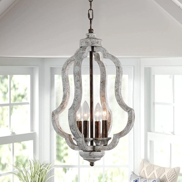 TOMIYA 4 Light Orb Wooden Chandelier Light Distressed White Wood