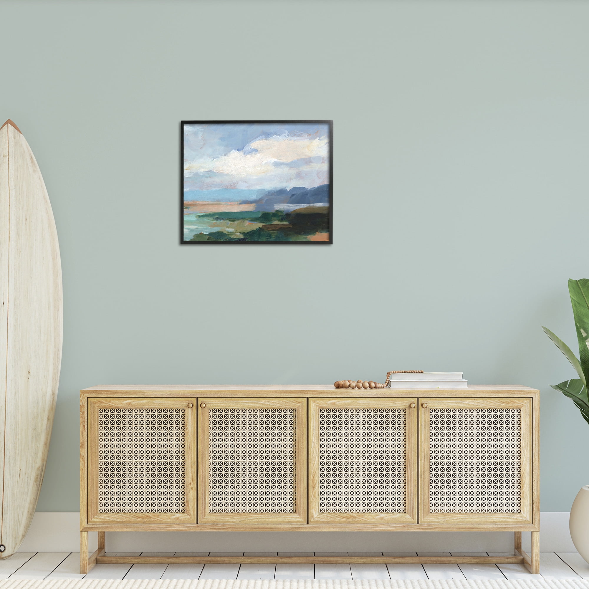 Stupell Industries Traditional Cloudy Beach Landscape Painting Black Framed Art Print Wall Art, 30 x 24