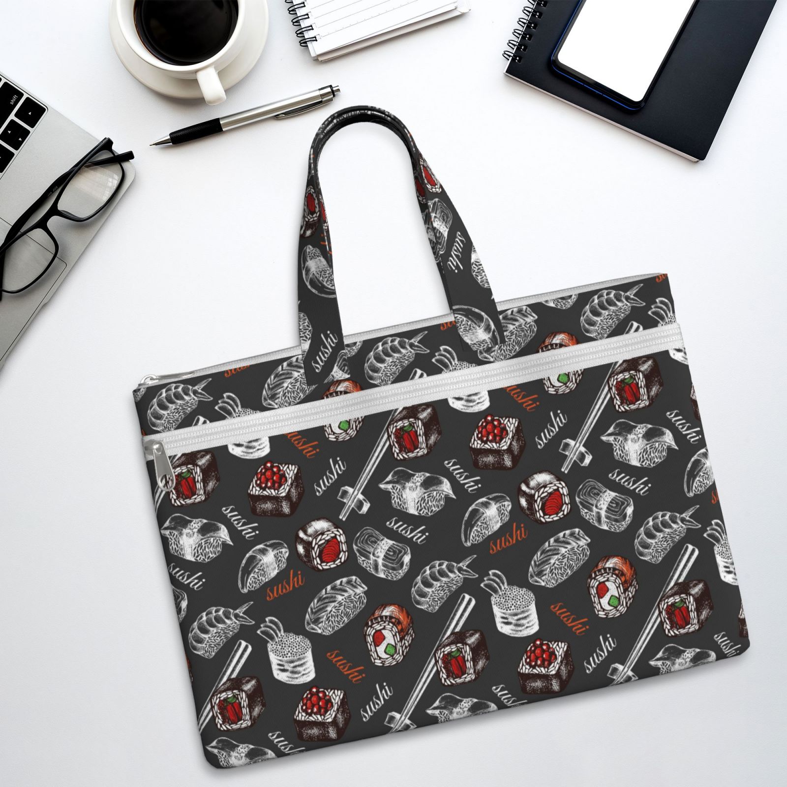 Kdxio Japanese Sushi Hashi File Tote Document Bag Business Briefcase Bag Document Organizer Tote Briefcase for Letter A4 Files Business Teacher Office Bag