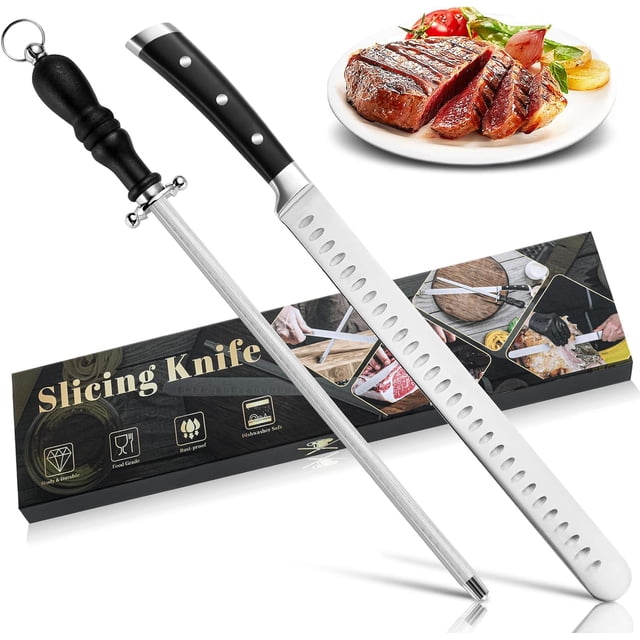 baomifa-Carving Knife Set, 12" Brisket Slicing Knife for Meat Cutting and 12" Knife Sharpener Honing Rod for Kitchen Knives, Razor Sharp Premium Stainless Steel Carving Knife for Meat with Gift Box