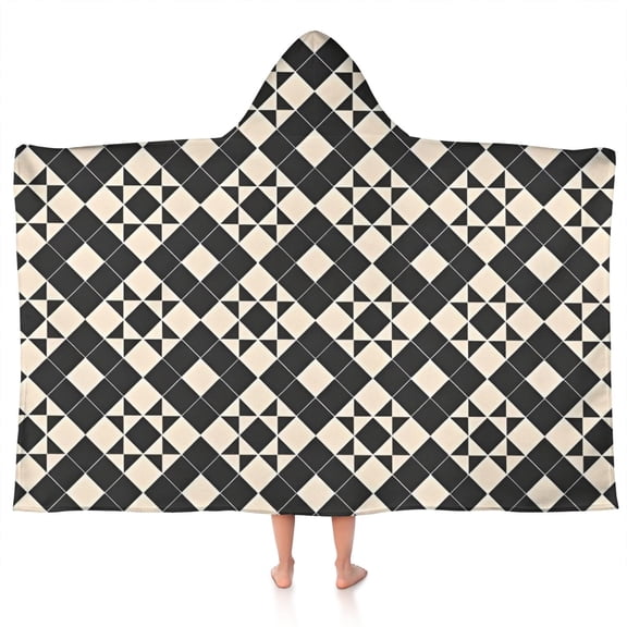 Black Beige Checkerboard Checkered Pattern Hooded Bath Towel,50"x30" for Ages 3 To 12 Kids, Quick Dry Lightweight Soft Microfiber Hood Beach Towel Cover Up for Kids