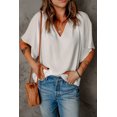 thumbnail image 3 of POGLIP Women's White Split Neck Pleated Loose Top, 3 of 6