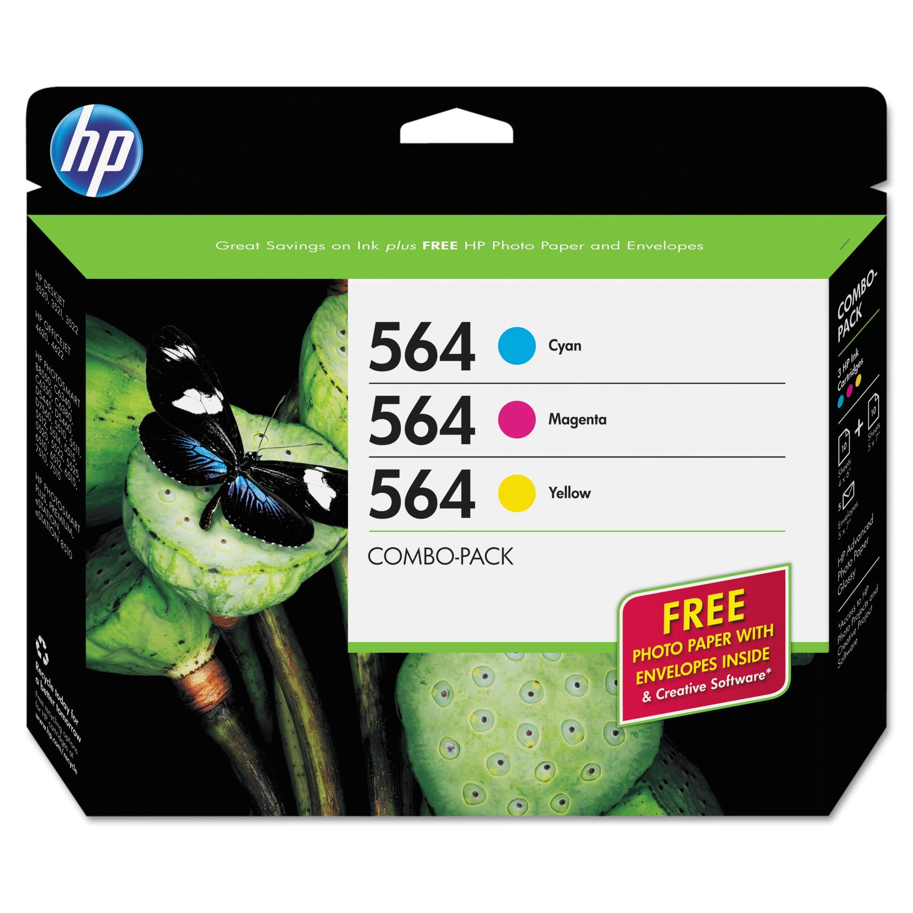 HP HP 564, (B3B33FN) 3-pack Cyan/Magenta/Yellow Original Ink w/Photo Paper - Walmart.com