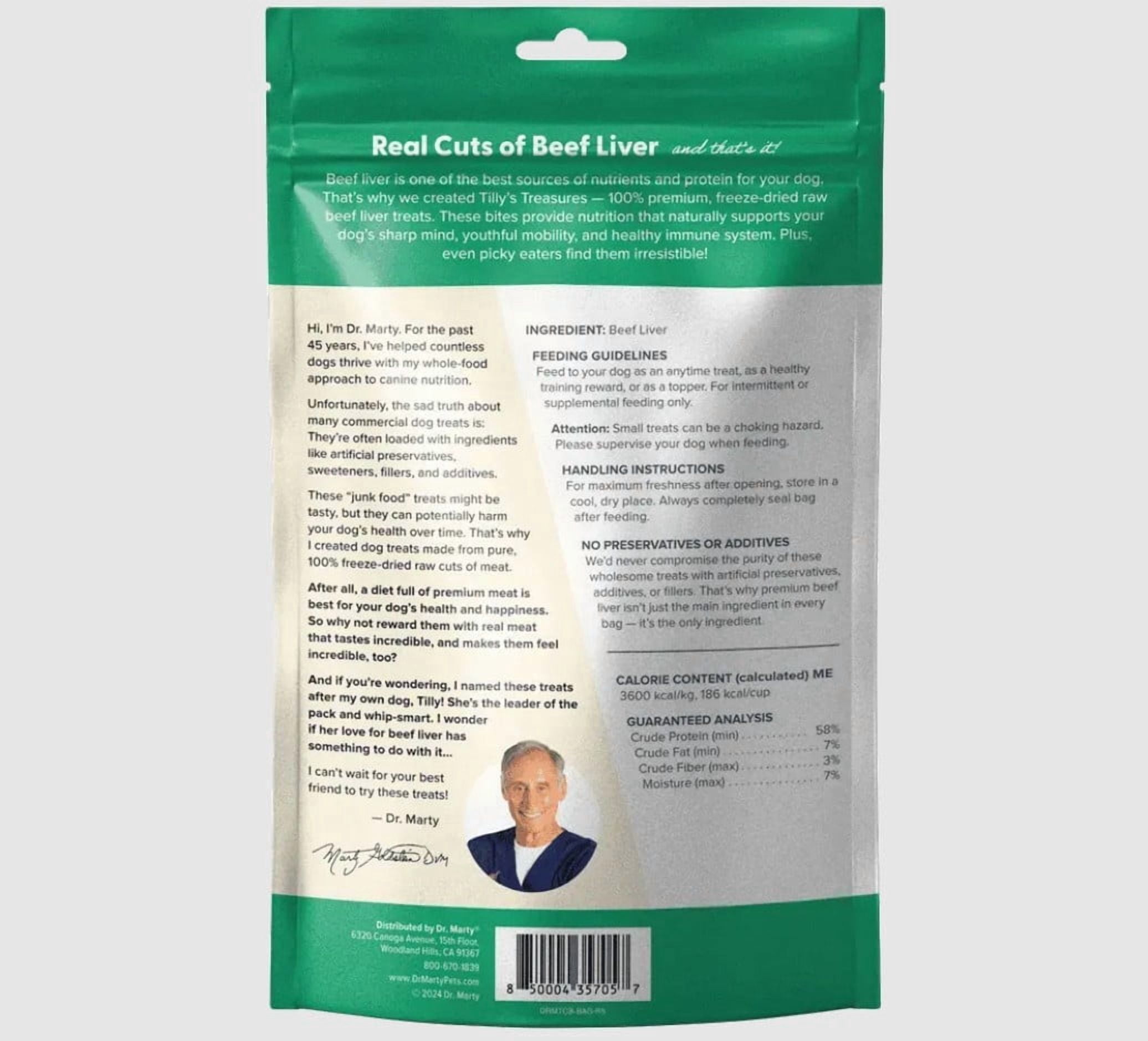 Dr. Marty Tilly's Treasures 100% Freeze-Dried Raw Beef Liver Dog Treats, Single-Ingredient, Grain-Free, Immune Support, 8 oz