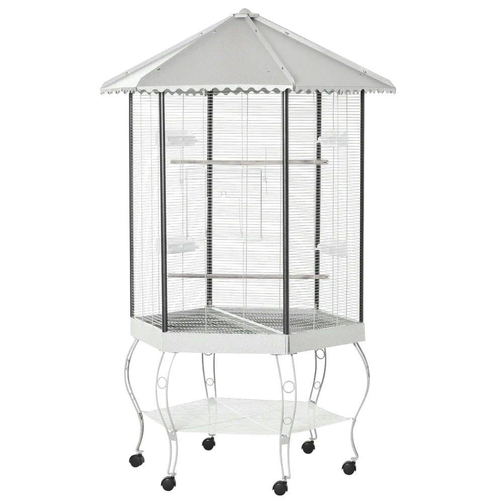 Spaco 77inch Flight Bird Cage, Hexagon Covered Canopy Portable Aviary with Storage, White