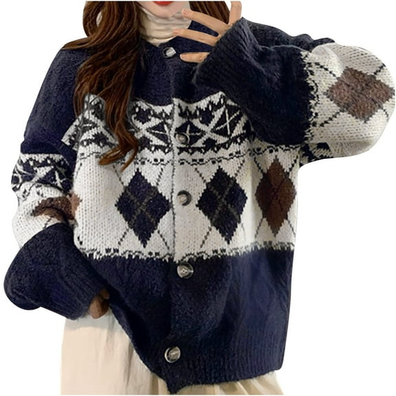 Odeerbi Loose Cardigan Sweaters for Women 2025 Retro Version Thickened Sweater Jacket Navy