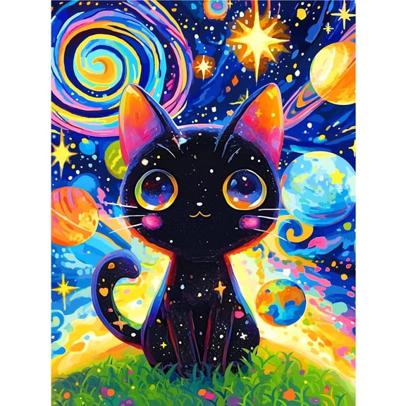 DIY 5D Diamond Art Kit - Galaxy Black Cat, Full Round Drill Diamond Painting, Wall Decor for Adults & Kids