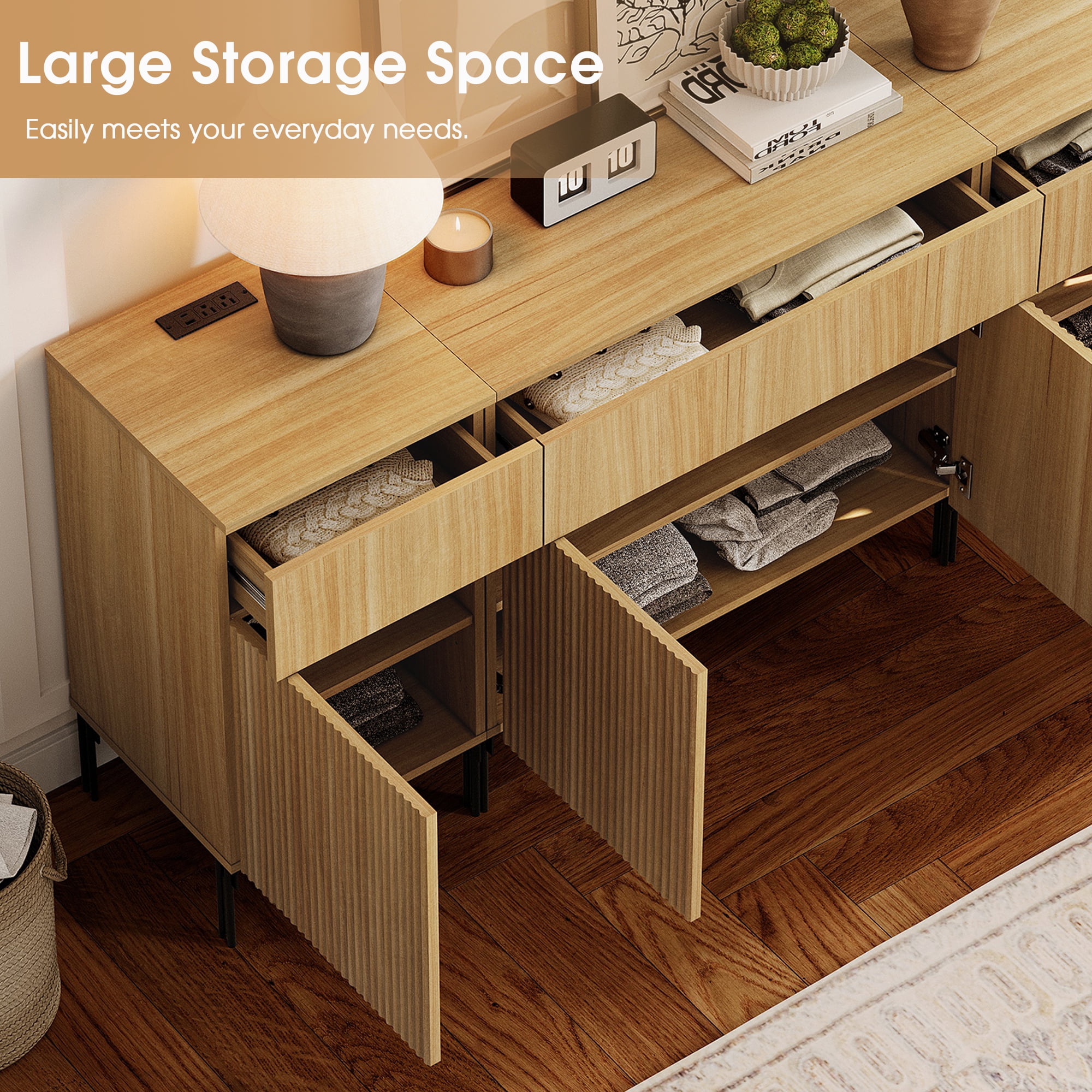 94.5" Modern Reeded Dresser TV Stand for TVs up to 100 Inch, Entertainment Center with Charging Station, Wooden TV Console with Storage for Living Room