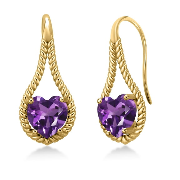 Gem Stone King 18K Yellow Gold Plated Silver Purple Amethyst Dangle Earrings for Women | 1.80 Cttw | Gemstone February Birthstone | Heart Shape 7MM
