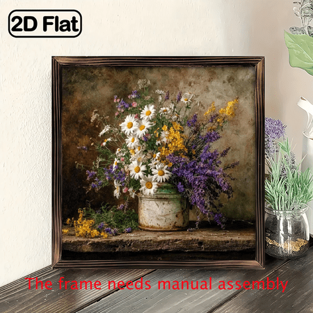 1pc Rustic Farmhouse Wildflower Bouquet Wall Art in Bucket FrameVintage Wood Framed Photo Picture Suitable for Home Living Room Kitchen Office Decor Indoor/Outdoor Use Housewarming Gift Co