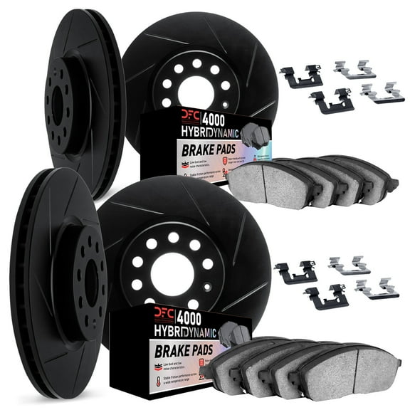 Dynamic Friction Company Front and Rear Brake Rotors Kit Slotted Black | 4000 HybriDynamic Brake Pads includes Hardware 3814-40023