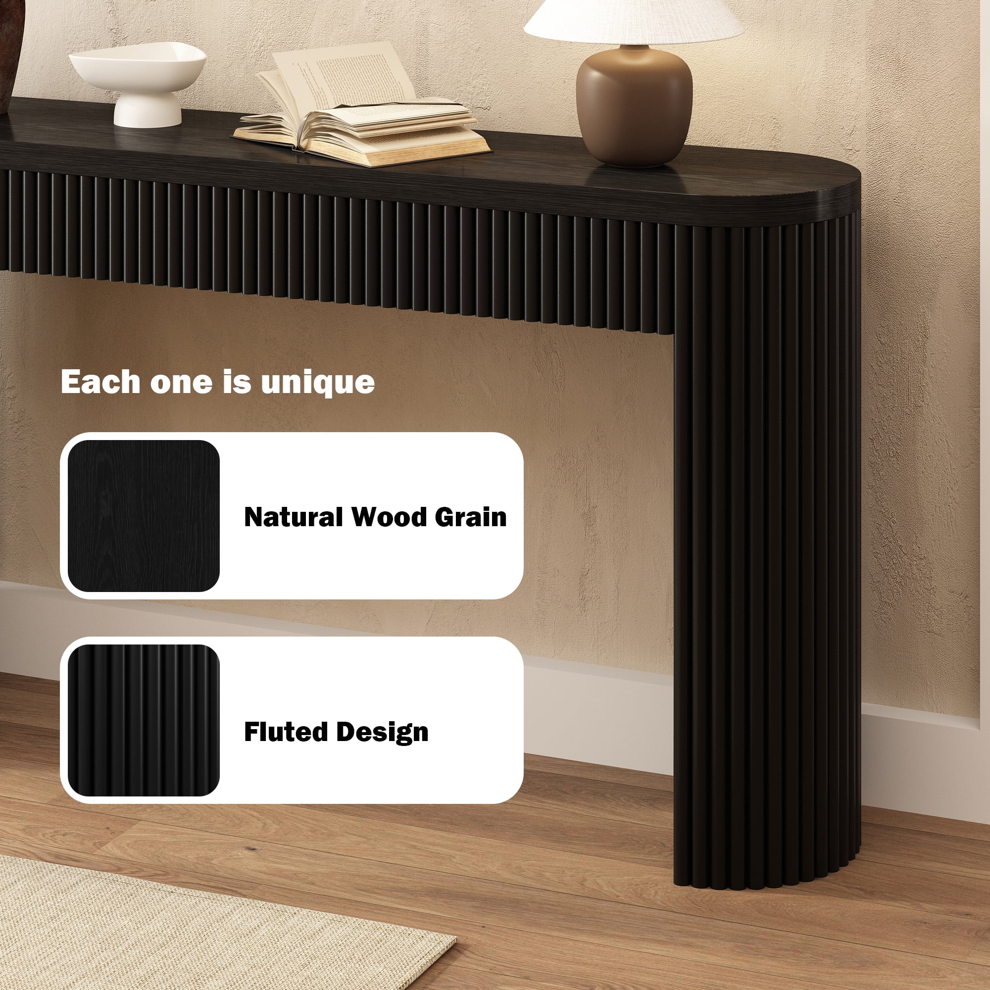 55'' Fluted Wood Console Table with Drawer, Narrow Entryway Table Behind Couch for Living Room Hallway,Black