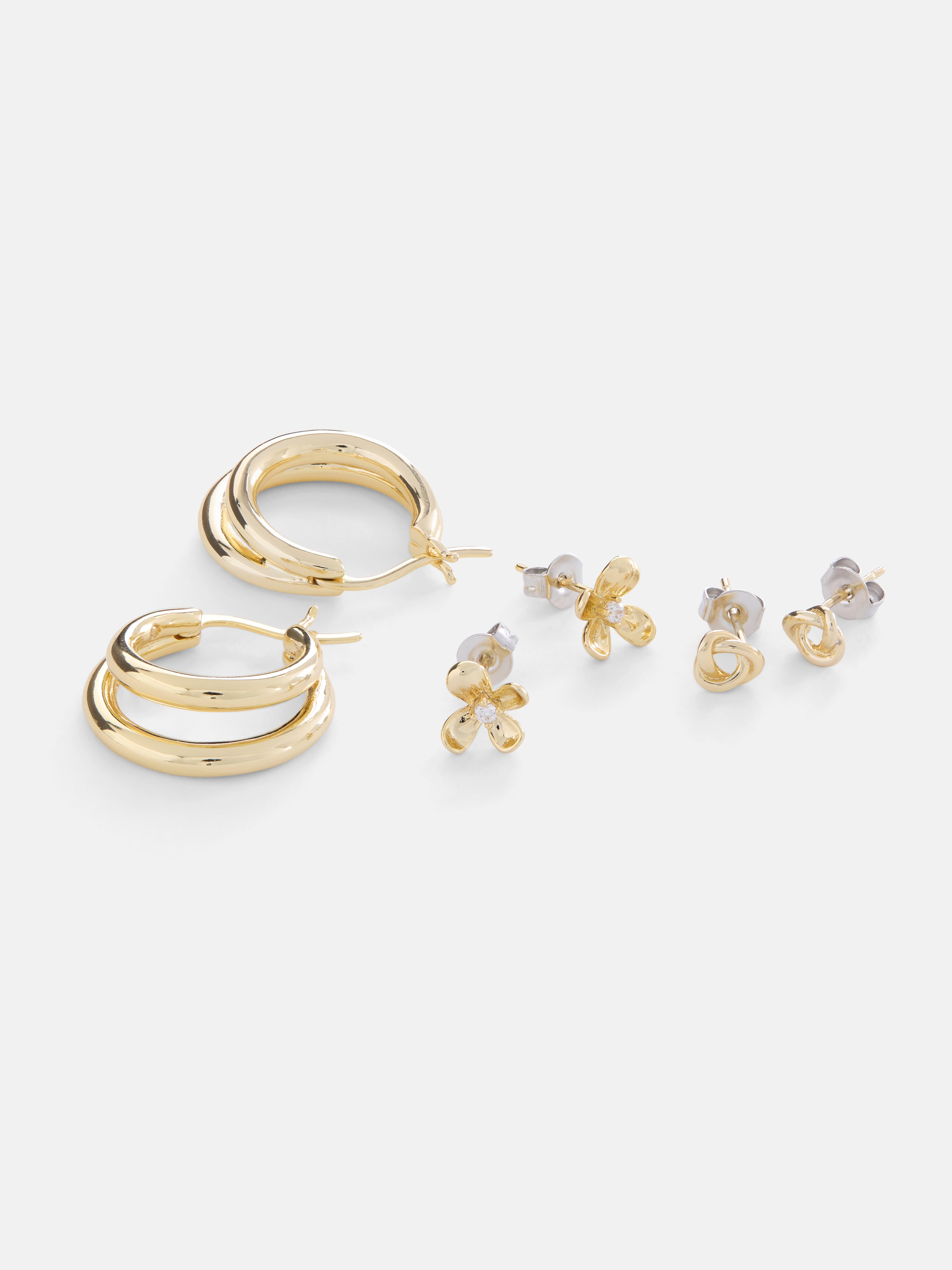 Free Assembly Women's Demi Fine 14K Gold Plated Hoop and Stud Earring Set, 3-Pairs