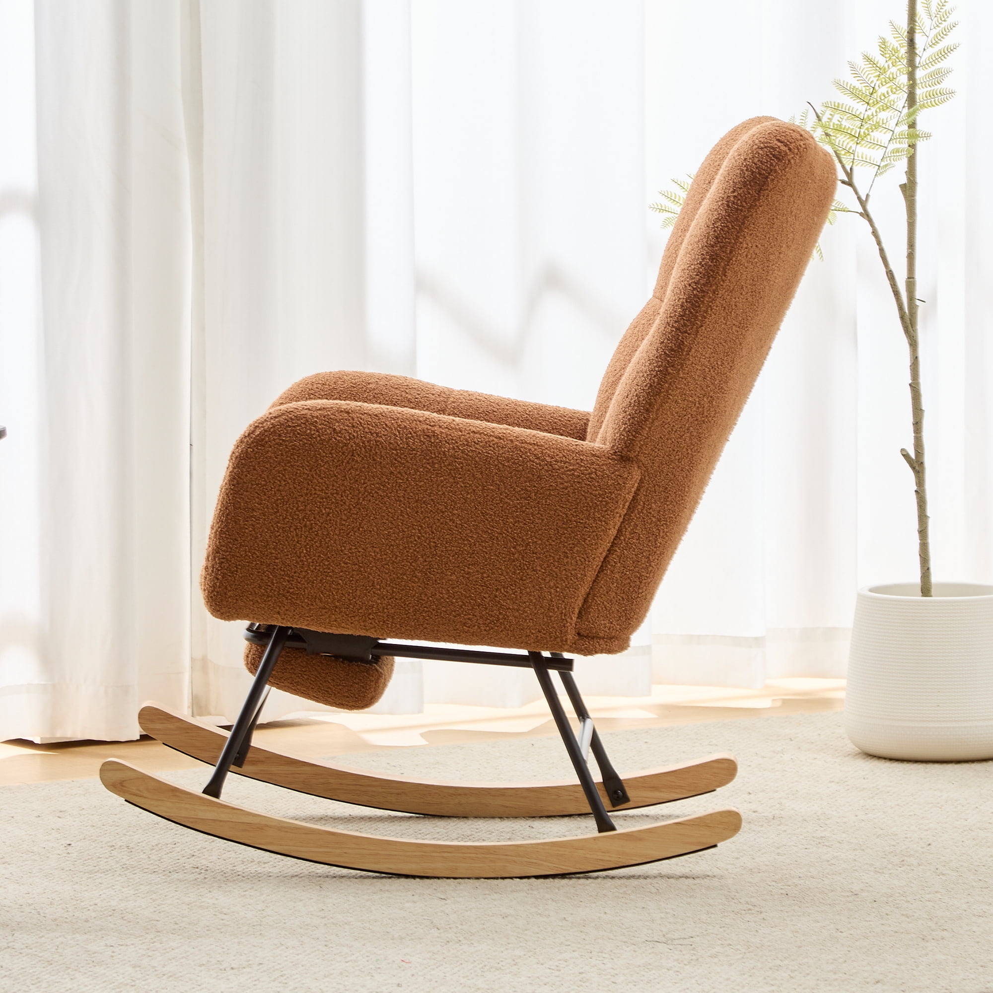 Hforesty Nursery Rocking Chair Teddy Upholstered Glider Rocker，Comfy Armchair with retractable footrest for Living Room & Nursery,BROWN