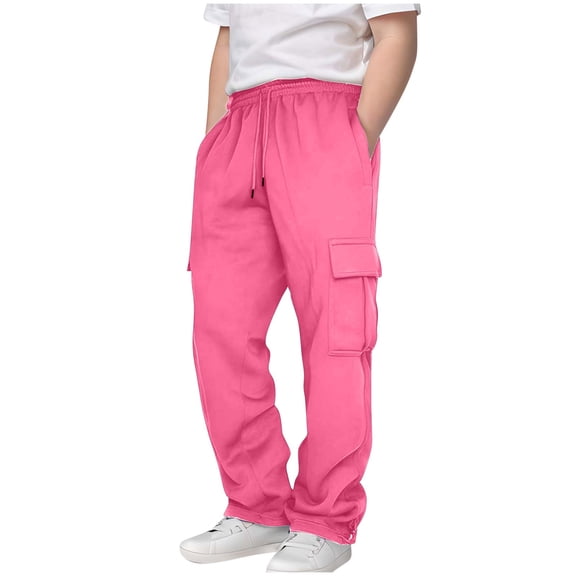CPNG Boys Baggy Cargo Pants Sweatpants Solid Color Wide Leg High Waist Elastic Waist Loose Pants Joggers Sweat Pants(Pink,5-6 Years)