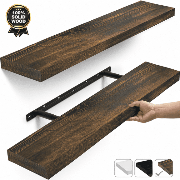 MEHOOM 36" Rustic Solid Wood Floating Shelves for Wall Set of 2, Brown Book Shelves,Wall Shelves for Bathroom,Bedroom,Living Room,Kitchen,Study Room, Kids Room, Farmhouse Decor