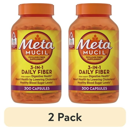 (2 pack) Metamucil Psyllium Fiber Capsules, 300 Count, Daily Digestive Health Supplement