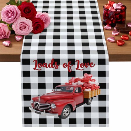 Valentine s Day Cotton Linen Table Runner Vintage Red Truck with Love Balloons Black Buffalo Plaid Dining Table Runners for Home Decor Party Dining Room Restaurant Kitchen Party 13 x 60