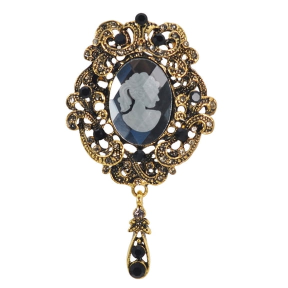 Antique Golden Tone Black Crystal Rhinestone Victorian Floral Vintage Grey Cameo Brooch Pin