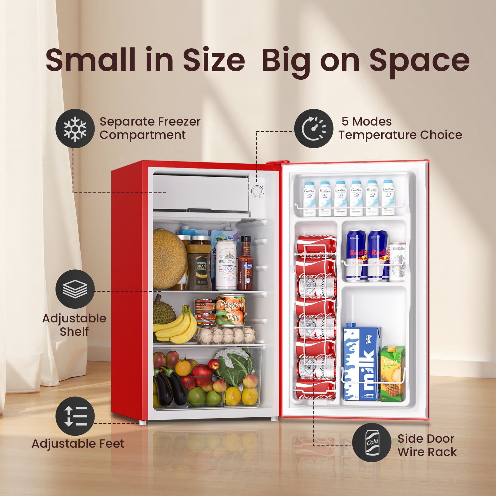 BANGSON 3.2 Cu.ft Mini Fridge with Freezer - Small Refrigerator for Bedroom Dorm Office, Compact Single Door, Adjustable 5-Temp & Quiet, Red
