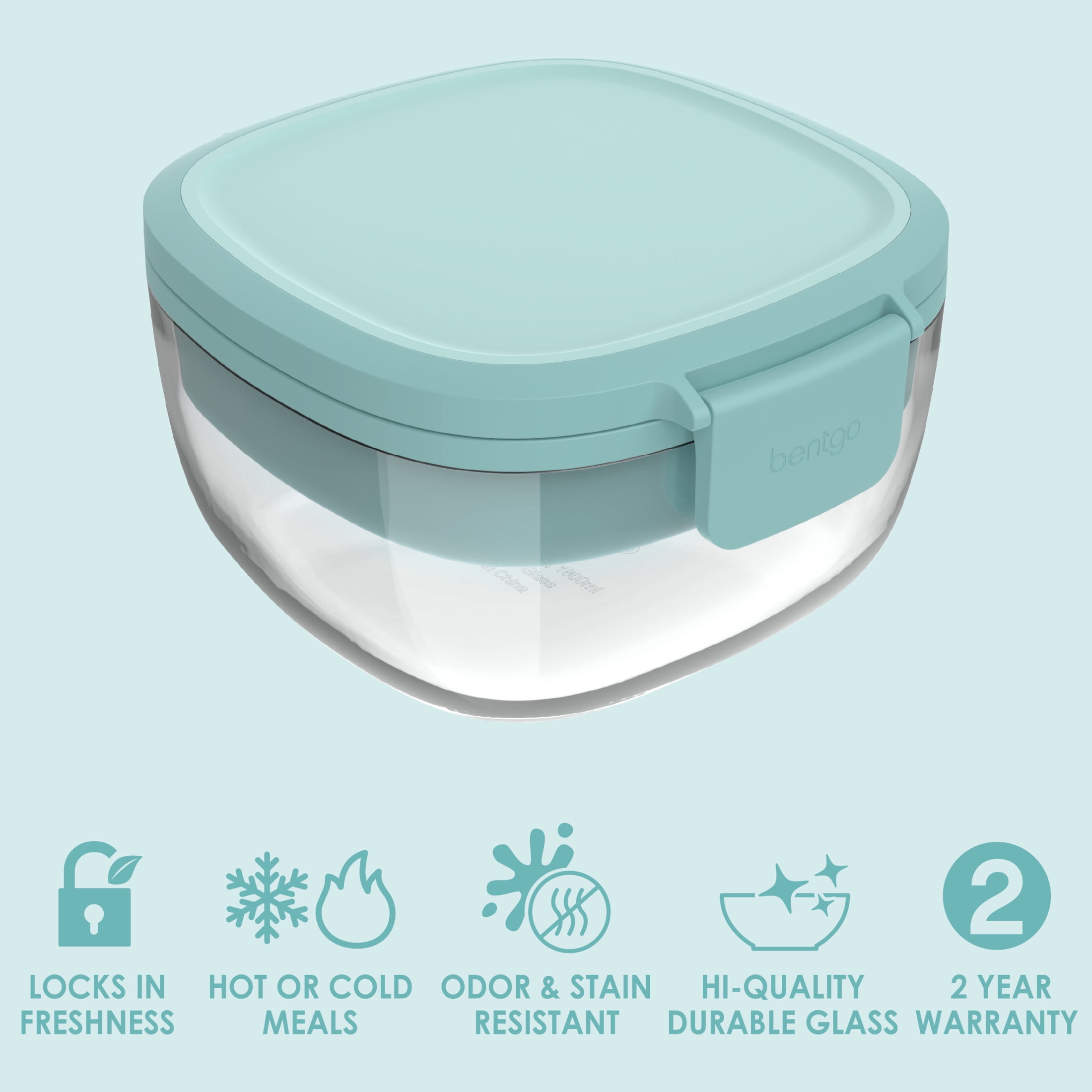 Bentgo® Glass All-in-One Salad Container - Large 61-oz Salad Bowl with Lid, 4-Compartment Bento-Style Tray, Sauce Container & Reusable Fork - Dishwasher, Microwave, and Oven Safe - Coastal Seaglass
