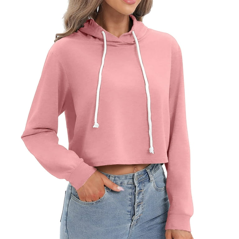 Men's Cropped Cut-Off Hoodie Solid Color Long Sleeves Drawstring Casual  Sweatshirts Crop Tops