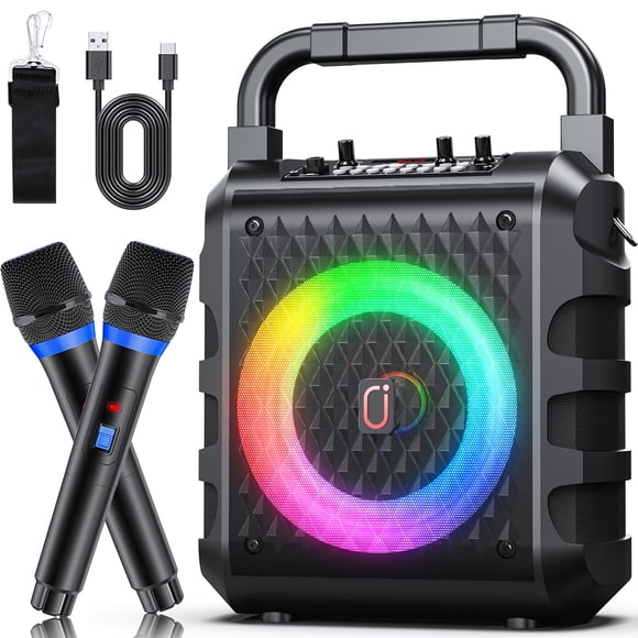 JYX Karaoke Machine, Bluetooth Karaoke System with 2 Wireless Microphones, Portable Party Speaker with LED Lights, Sholder Strap, Deep Bass, T18-T