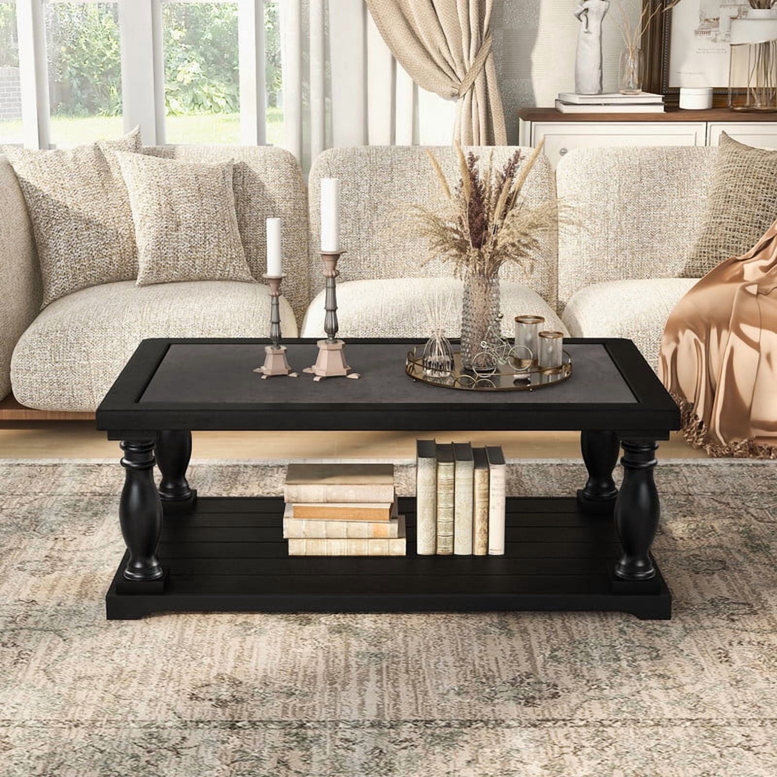 Vintage Rectangular Center Coffee Table with Sculptural Spindle Solid Wood Legs, 2-Tier Traditional Wooden Cocktail End Table