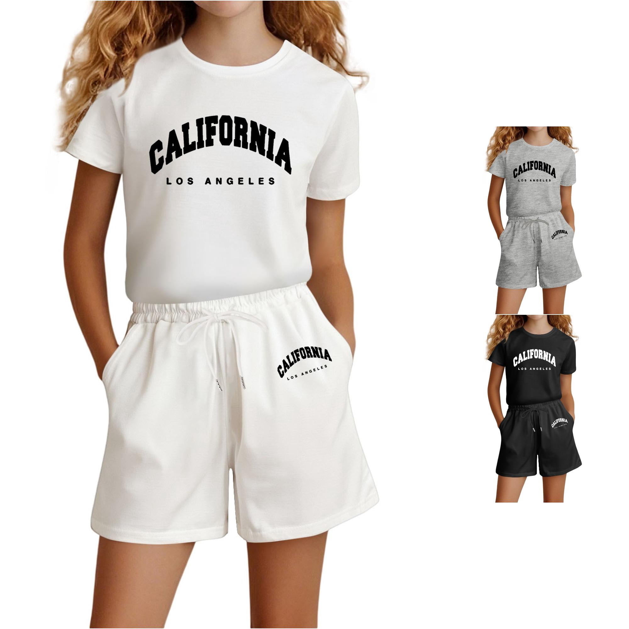 ZXLBBD Girls Shorts Set Fashion Letter Print Short Sleeve T Shirts and Bottoms Soft Casual Summer Outdoor Loose Fit Daily Wear Clothes Sets White Size 7 Y-8 Y