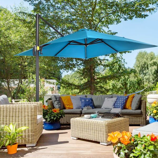 Parasol de Patio Offset Market, Turquoise, 8'x8', Design à Manivelle et Inclinaison, Rotation à 360°, 5 Angles Réglables, Mât en Aluminium, Polyester Résistant aux UV de 200g, Base Croisée Incluse