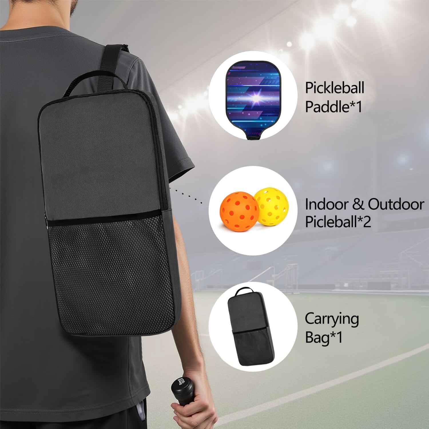 Pickleball Paddles Set Of 1, Fiberglass Surface, Speed, Lightning, Thunder Print, 1 Paddle, 2 Balls & Bag
