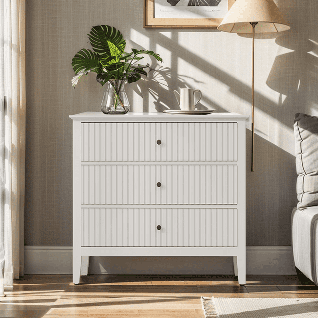 RoyalCraft Grande Commode Cannelée à 3 Tiroirs, Grand Commode avec Table de Nuit Moderne, Commode en Bois avec Rangement Spacieux pour Chambre, Couloir, Salon, Entrée, Blanc