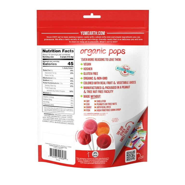 YumEarth Organic Candy - Lollipops, Assorted Fruit Flavors, 4.3 oz, 20 Ct
