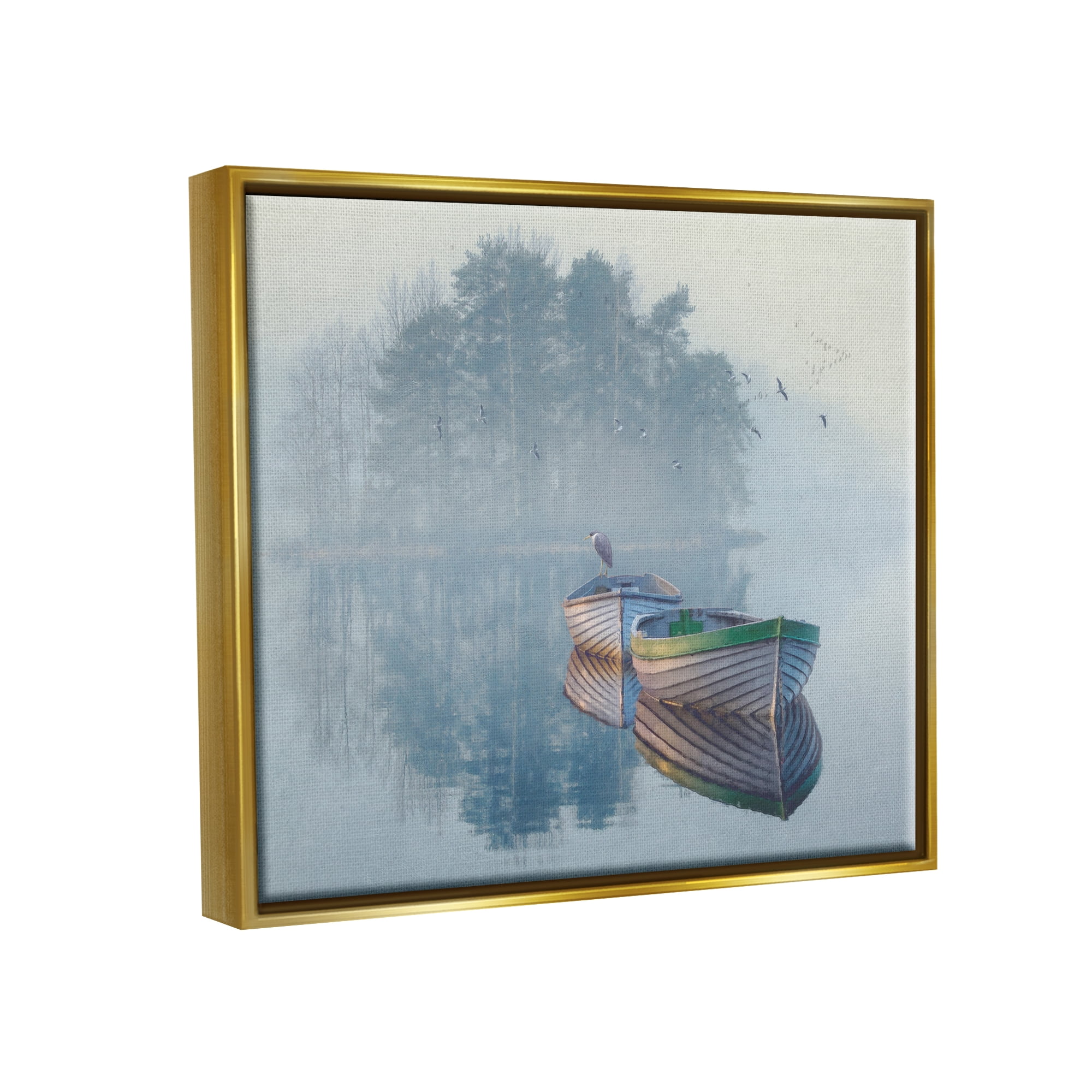 Stupell Foggy Boat Lake Reflection Landscape Painting Gold Floater Framed Art Print Wall Art