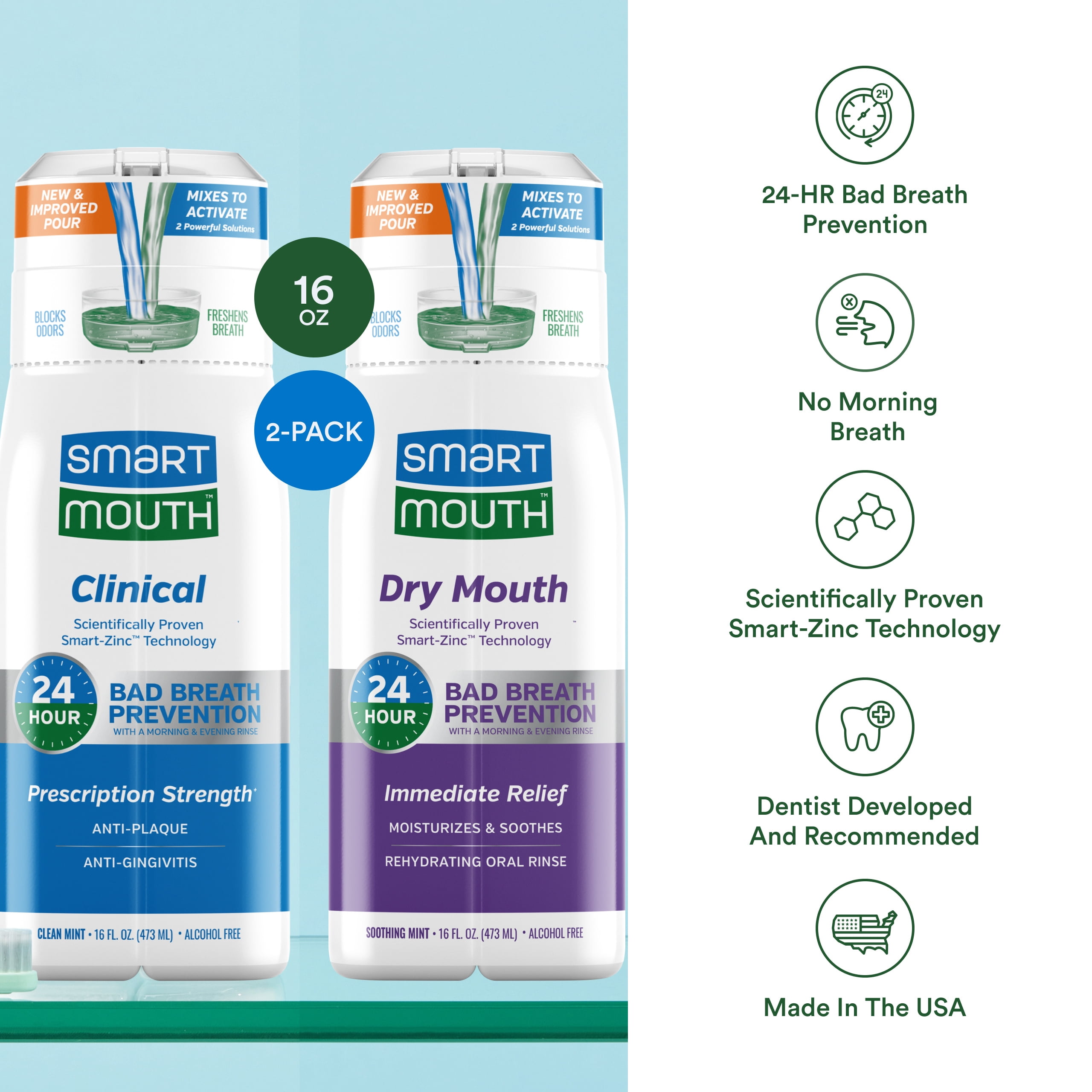 SmartMouth Dry Mouth & Clinical Activated Mouthwash - Dry Mouth Relief & Gum Protection - Bad Breath Prevention Mouthwash, 16 fl oz Each