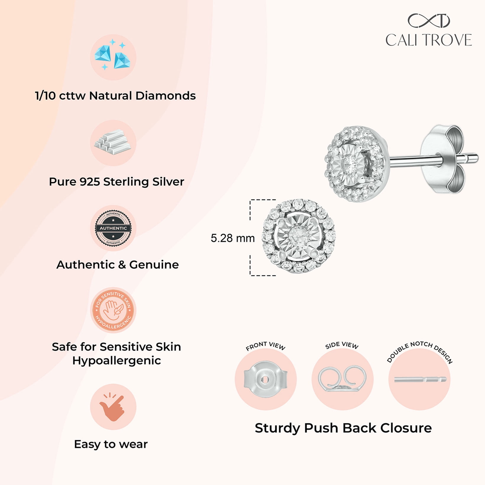Cali Trove, 925 Sterling Silver Diamond Round Stud Earrings for Women, 1/10 Ct Natural White Diamonds