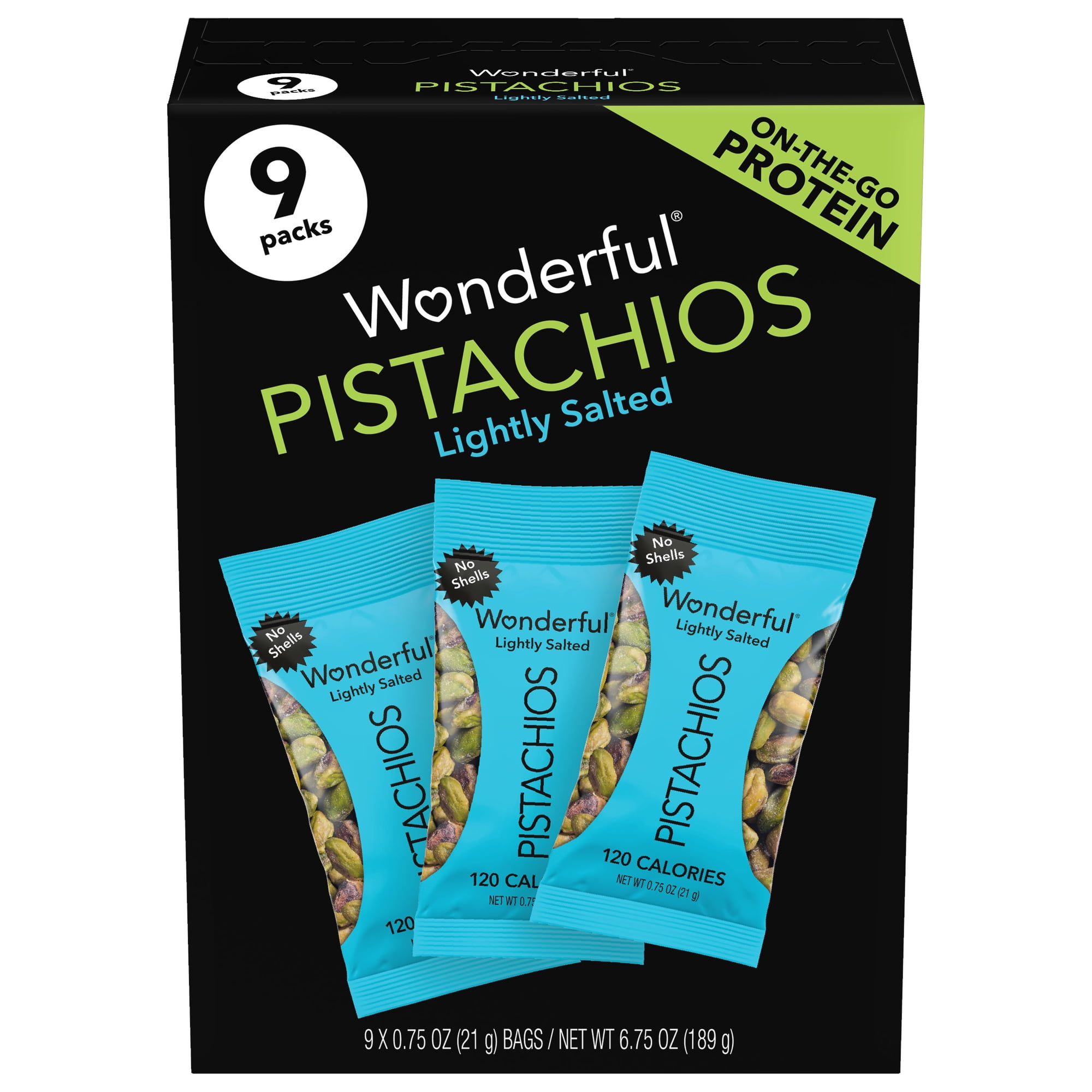 Wonderful Pistachios No Shells Roasted & Lightly Salted Nuts, 0.75 Ounce Bags (Pack of 9)