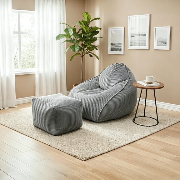JARCLIC Large Bean Bag Chair with Ottoman, Stuffed Big Accent Sofa Lounge Floor Sofa for Reading, Shell-Shaped Bean Bag Couch for Adults and Kids (Gray)