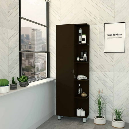 TUHOME Urano Mirror Linen Cabinet Four Internal Shelves Four Legs Mirror Door Cabinet Five External Shelves-Black For Bathroom