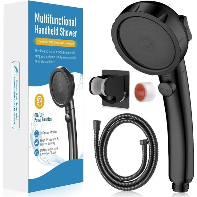 HEROBAI High Pressure Shower Head with Handheld, Water Saving Shower Head with Stop Button and 3 Modes, Detachable RV Shower Head with Hose and Self-Adhesive Bracket (Black)