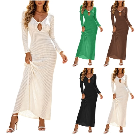 qafoshin Plus Size Womens Vacation Dresses Knit Hollowed Out Crew Neck Sundress Casual Long Sleeve Slim Maxi Dress Sizes L-5XL