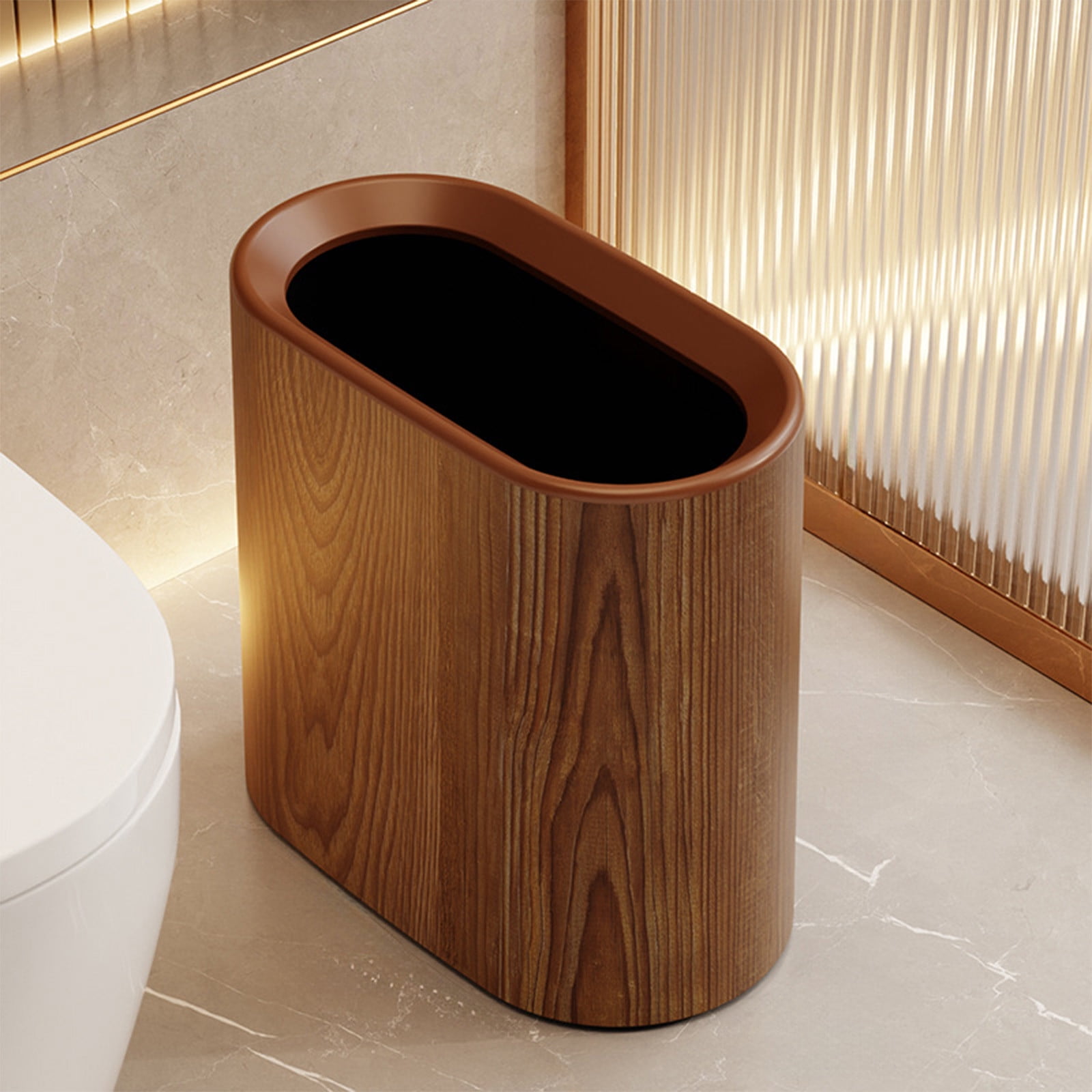 Plastic Wood Pattern Trash Can Small Garbage Bin without Lid for Bathroom Narrow Wastebasket Modern Wastebasket for Home Indoor Hotel, 6x11x11in