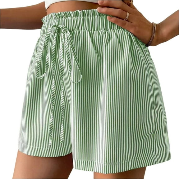Lodgix Womens Striped Linen Shorts Summer Elastic Waist Drawstring Casual Loose Loungewear Shorts with Pockets Green XS